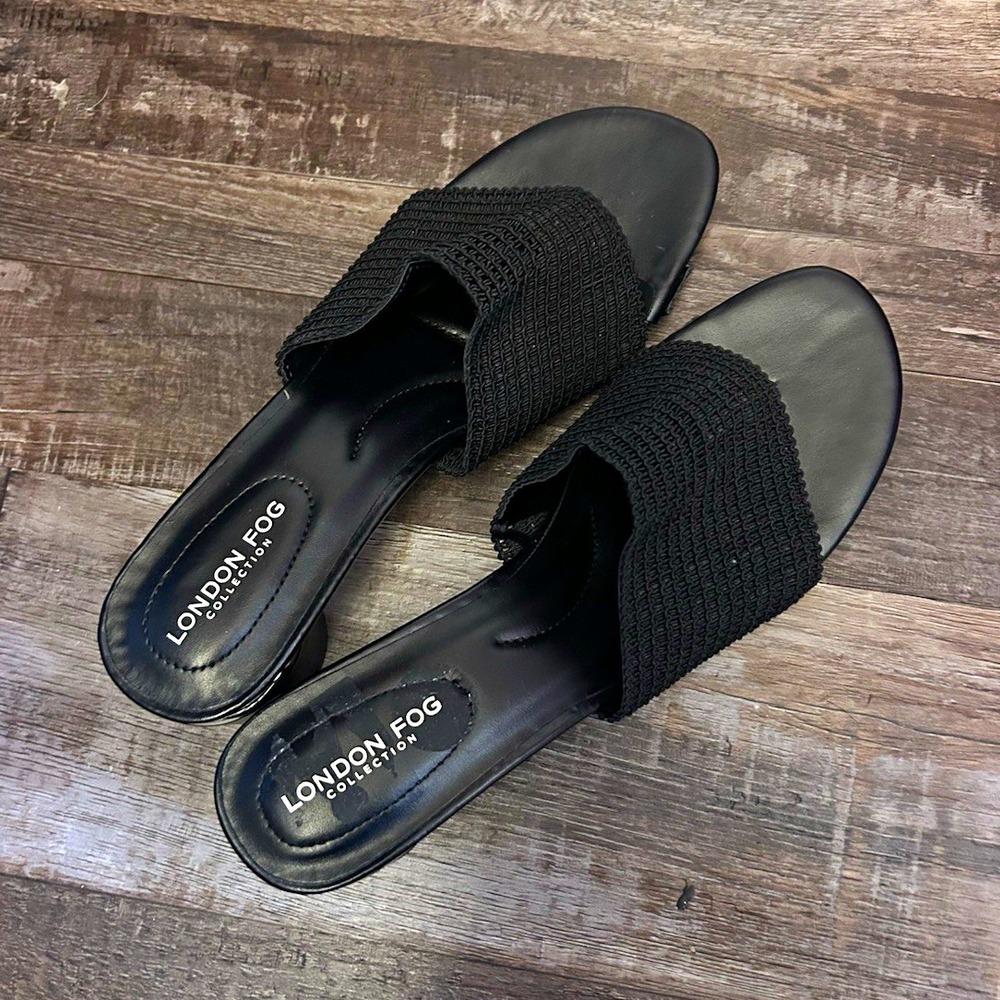 London Fog Collection Women's Black Solid Slide Sandals Textile Slip-On 8.5